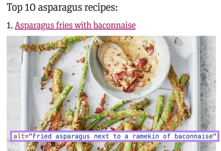 An image's alt text says, "Fried asparagus next to a ramekin of bacconaise."