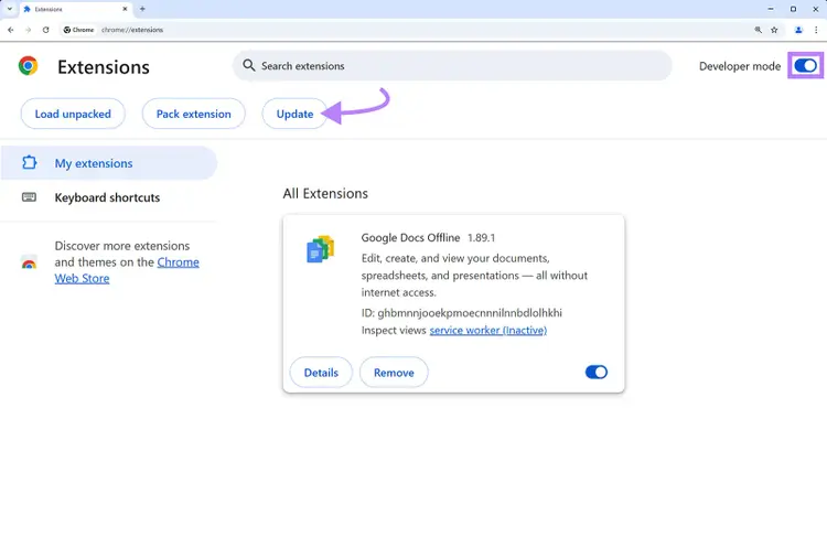 Chrome extensions management page with Developer mode toggled on and arrow pointing to Update button