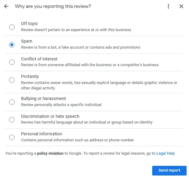The Google review reporting interface.
