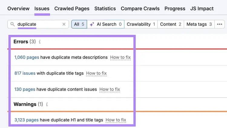 Site Audit Issues with "duplicate" entered showing a list of duplicate content issues.
