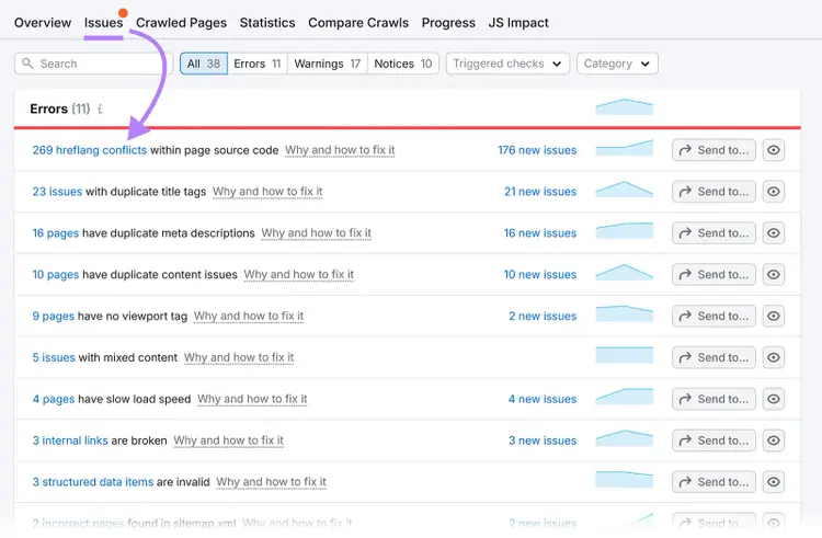 Site Audit Issues tab selected with arrow pointing from Tab to Errors table