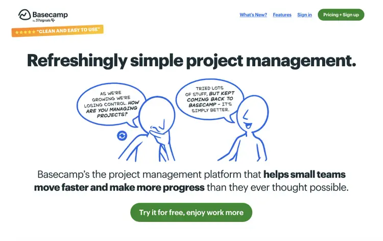 basecamp homepage with the headline "refreshingly simple project management" and two stick figure drawings