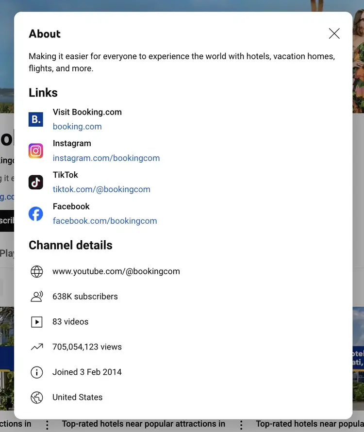 "About" section on the Youtube channel of Booking.com showing links to other content channels like their website, Instagram, TikTok, and Facebook.