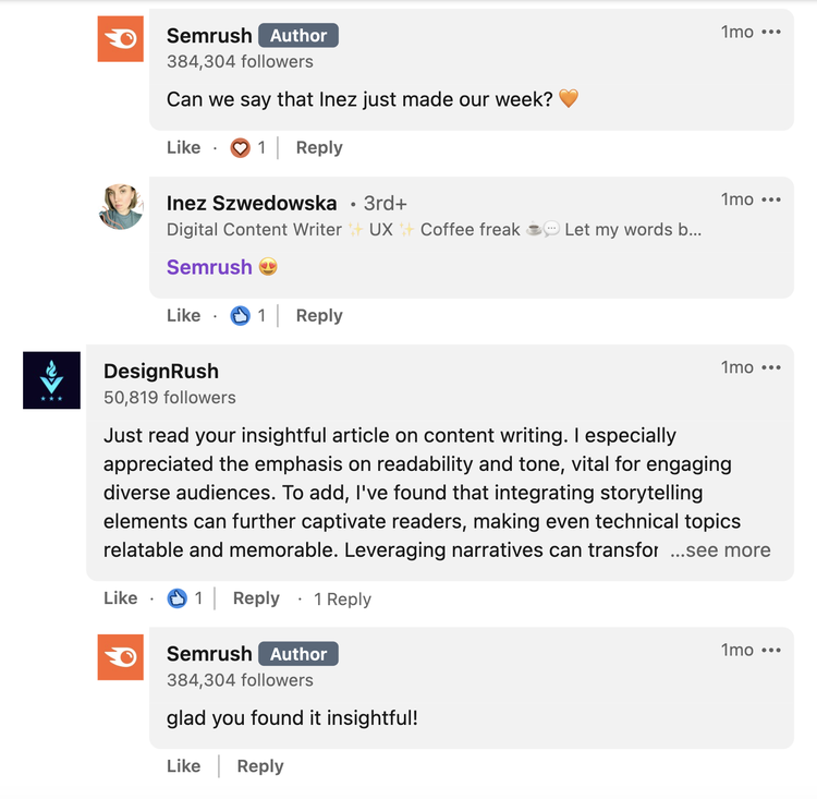 An example of Semrush's responses under LinkedIn comments section