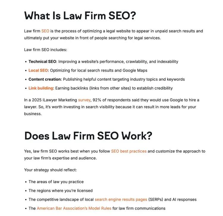 Well-formatted content on a blog post using descriptive headings, direct answers, self-sufficient paragraphs, and bullet points.