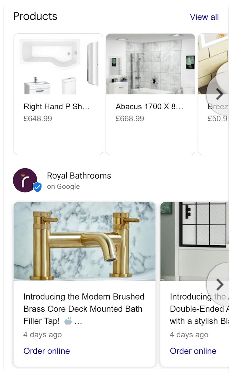 Royal Bathrooms's products and Google Posts