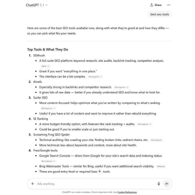 ChatGPT response listing top SEO tools with brief notes under each tool.