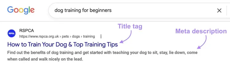 A SERP listing for the term "dog training for beginners" with the title tag and meta description highlighted.