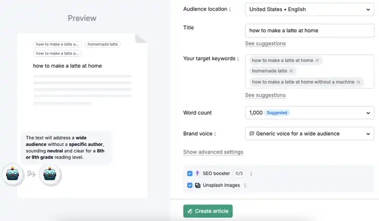 AI prompt shows SEO booster checked with prompt details selected.