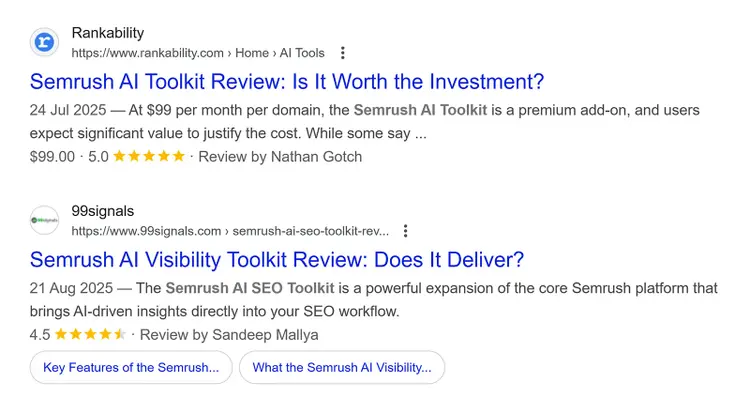 Search results page showing two Semrush AI Toolkit review snippets.