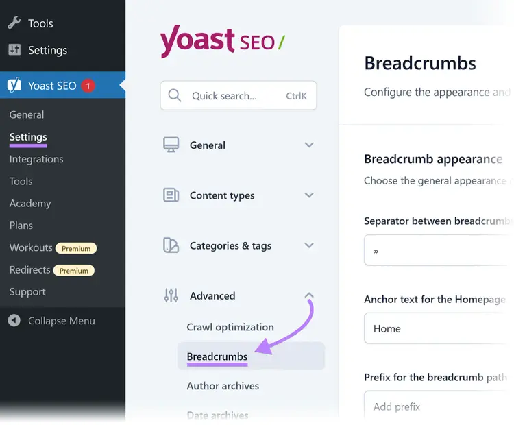 Yoast SEO sidebar with an arrow pointing to the “Breadcrumbs” section under Advanced settings.