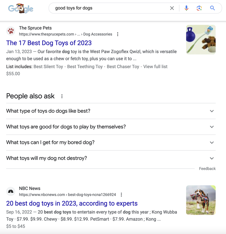 Google results for “good toys for dogs”