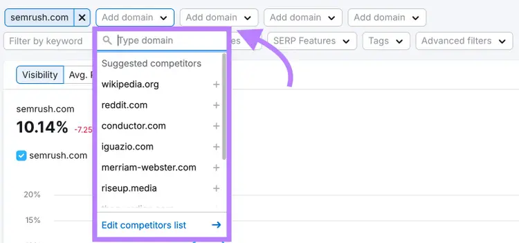 Semrush AI Visibility competitor dropdown suggestions