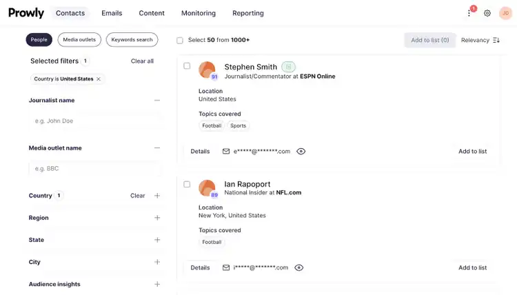Search for Contacts, then People shows journalists along with filters for media outlets.