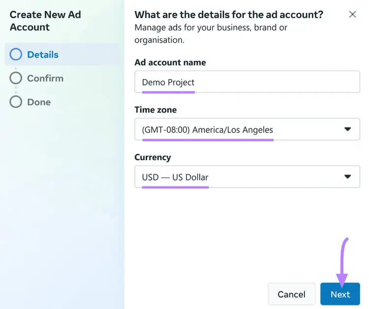 "Details" window in "Create New Ad Account" settings