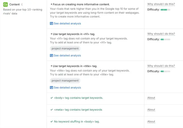 Optimization ideas for a page on the On Page SEO Checker with recommendations like using the target keywords in H1 tag, title tag, etc.