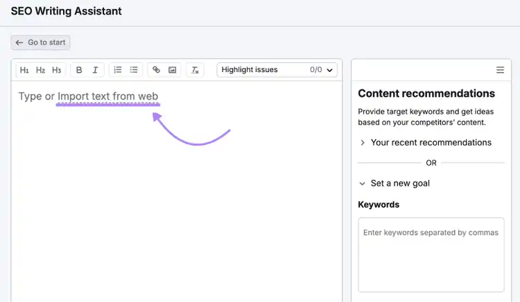 SEO Writing Assistant with text input area and content recommendations panel