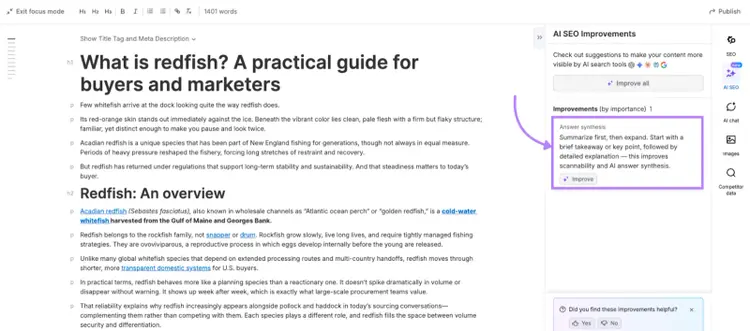 AI SEO recommendations for a clearer summary at the start