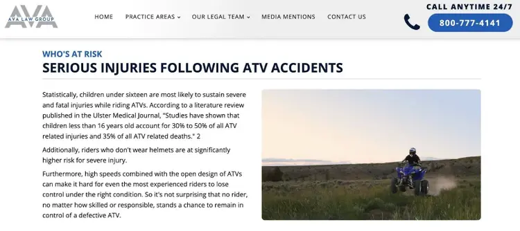 A blog post about ATV accidents by the AVA Law Group targeting people searching for that topic.