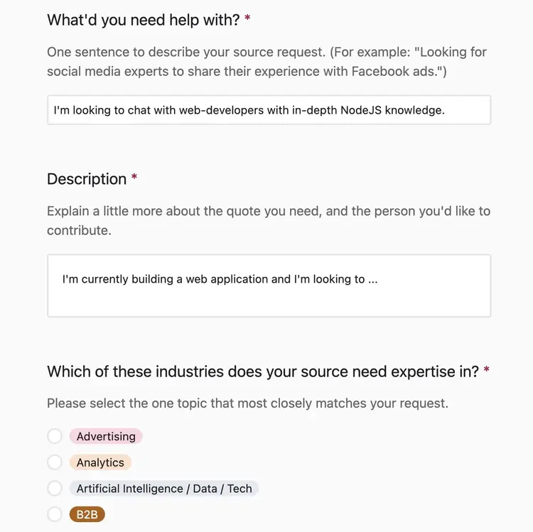 The page to request insights from subject matter experts on Help a B2B Writer.