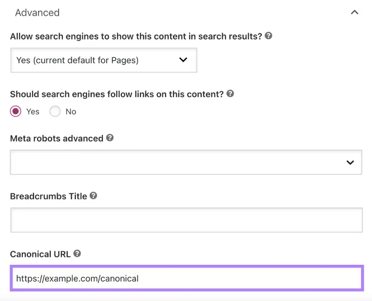 Canonical URL is the final field in the Advanced settings.