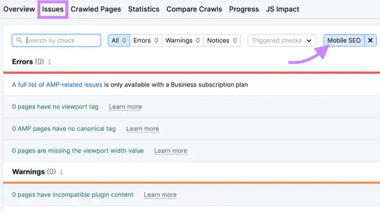 "Issues" tab for "Mobile SEO" category in Site Audit