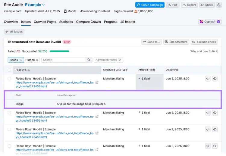 Semrush Site Audit showing invalid structured data errors for missing image fields