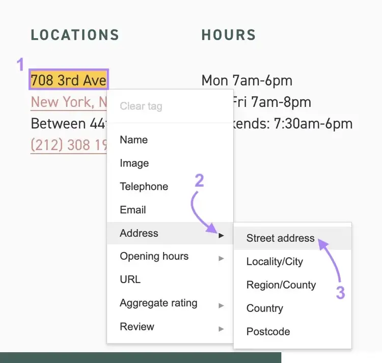 Tagging information by highlighting a piece of text and choosing an appropriate tag from the drop-down menu on Structured Data Markup Helper.