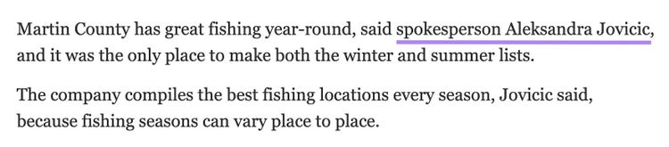 Unlinked mention of a website's spokesperson, with the spokesperson's name highlighted.