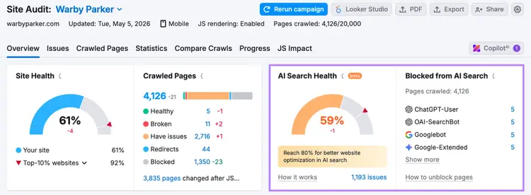 The Overview report in Site Audit shows any issues with AI crawlers' ability to access your site.