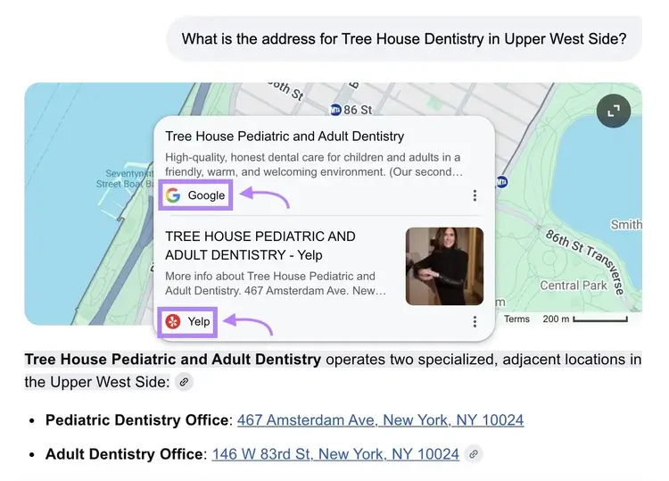 A response on Google AI mode showing a business's address based on data collected from third-party directories like Google and Yelp.