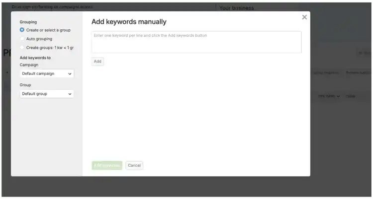 PPC Keyword Tool dialog for manually adding keywords to campaign