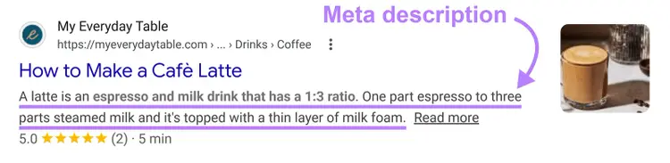 Google search result snippet highlighting a latte recipe meta description and featured image