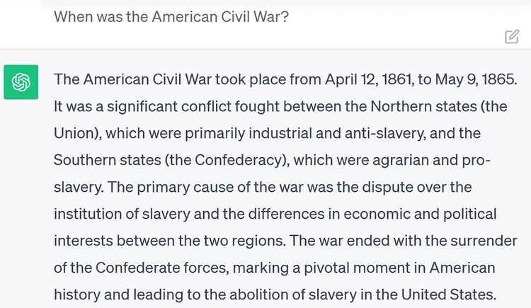 ChatGPT’s response to "When was the American Civil War?" prompt