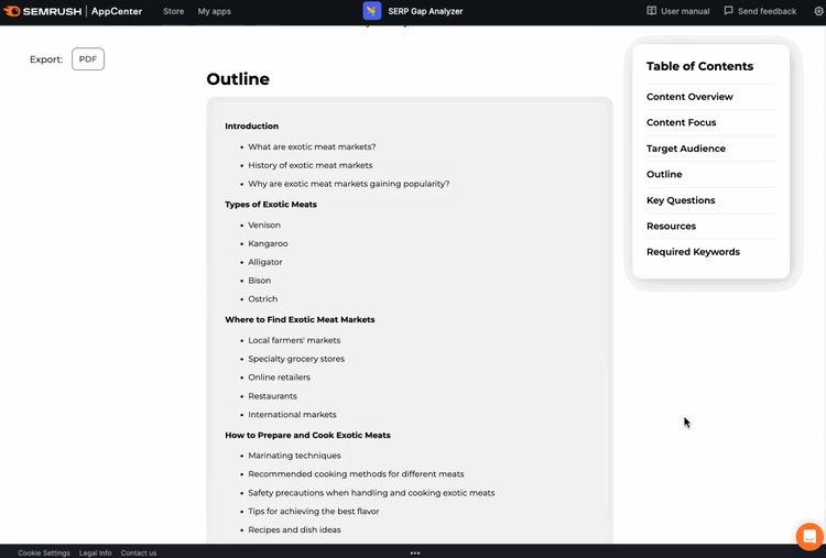 Semrush SERP Gap Analyzer content brief outline showing exotic meats article structure with table of contents.