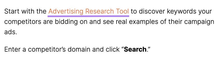 Section of a blog post with a link with anchor text of "Advertising Research Tool."