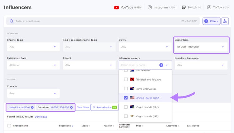 choosing influencers filters in the Influencer Analytics tool