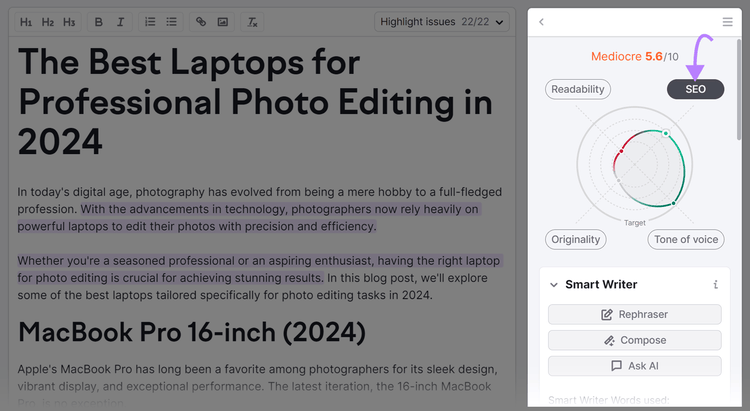 "SEO" button highlighted in SEO Writing Assistant