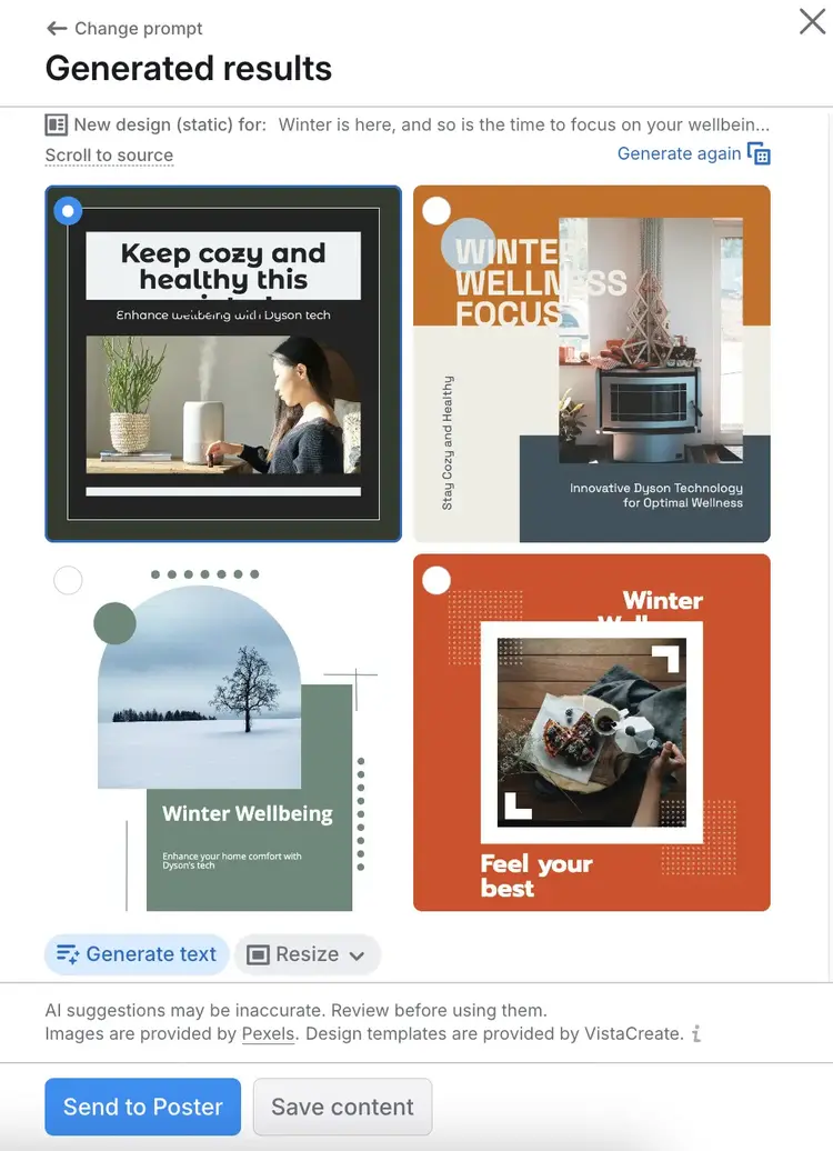 AI-generated social media designs for winter wellness campaign with layout options
