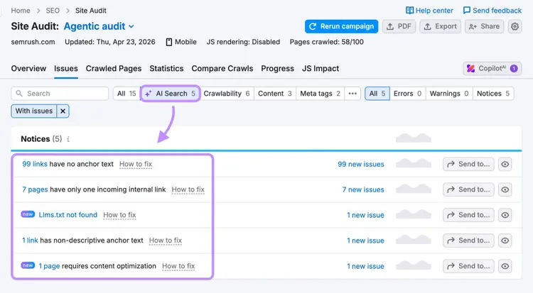 Semrush Site Audit Issues tab filtered for AI Search showing anchor text and internal link problems