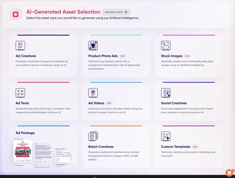 AdCreative.ai asset selection showing 9 options: creatives, ads, images, and templates