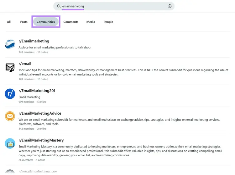 Search results for "email marketing" showing related Reddit communities.