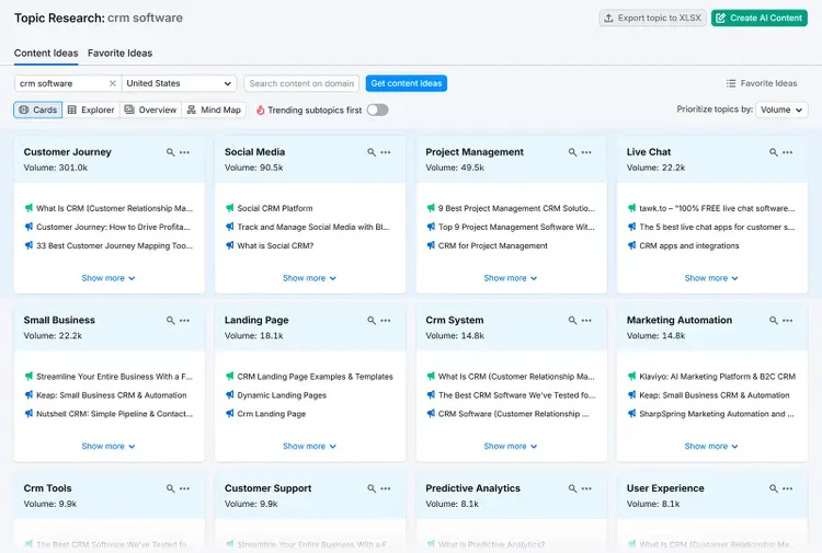Semrush Topic Research tool showing CRM software content ideas grouped into subtopics like customer journey, social media, and live chat.