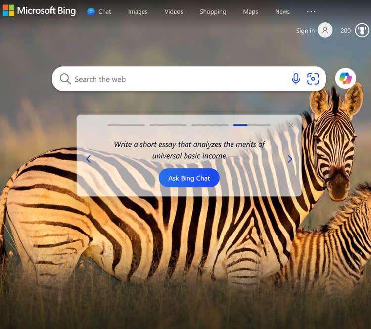 Microsoft Bing user interface