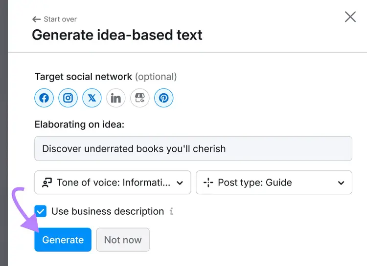 Idea text generator form with selected idea and options for tone, post type, and social platforms.