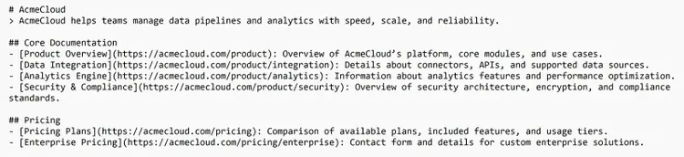 Example of llms.txt file referencing documentation and pricing links formatted in Markdown text.