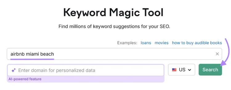 Keyword Magic Tool with airbnb miami beach search query