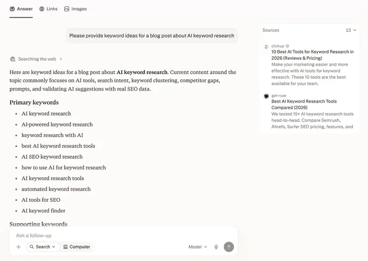 Perplexity suggesting primary AI keyword research terms based on current web search results