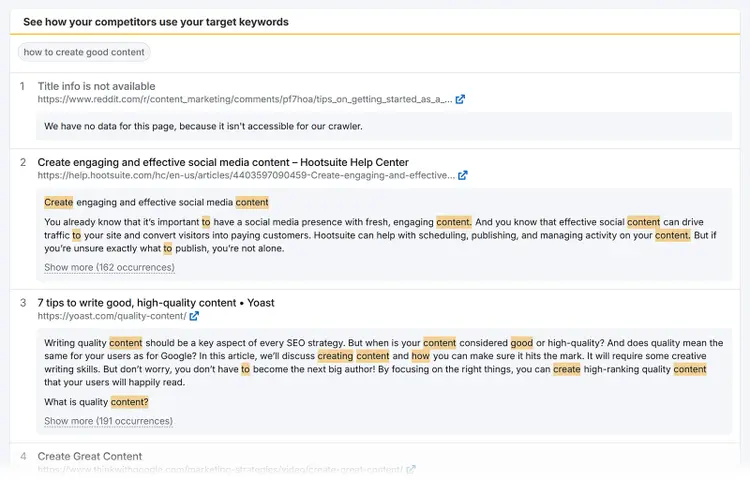 Competitor keyword usage report highlighting how top pages use target keywords in content.