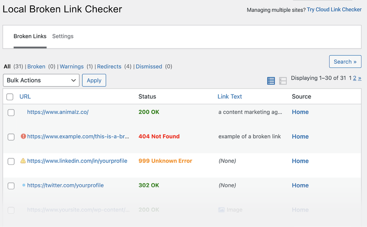 "Local Broken Link Checker" page in Broken Link Checker plugin